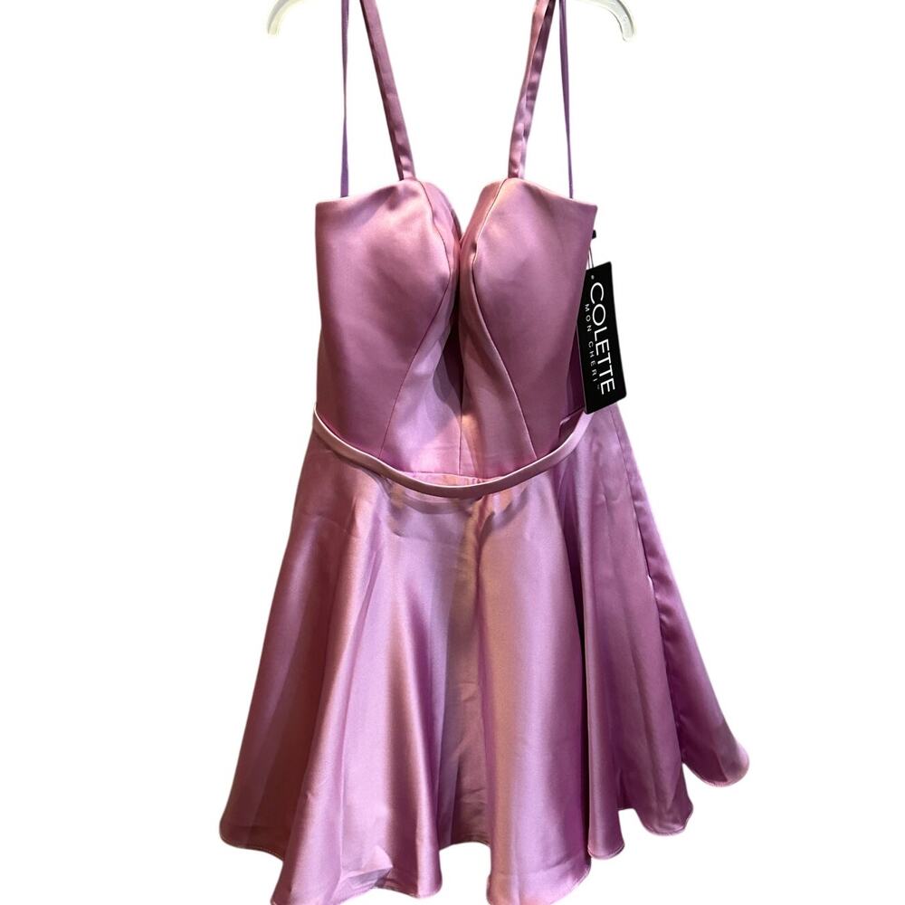 Formal Colette Mon Cheri PINK LILAC Satin Mini Skater Illusion V Neck Dress SZ.6